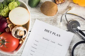 Balanced food chart for diabetic patients with low-glycemic foods, vegetables, and whole grains