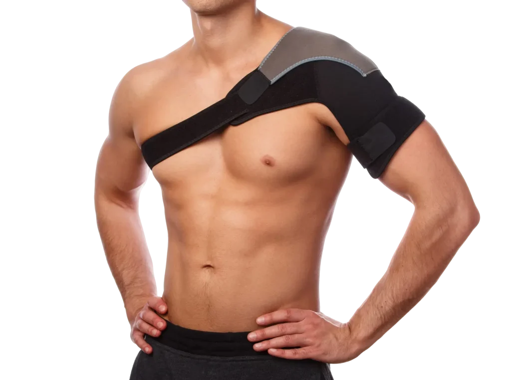 Orthopedic shoulder brace supporting injured or post-surgery shoulder joint