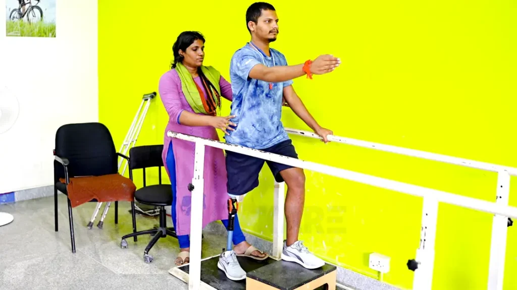 person practicing exercises after fixing prosthetic leg to improve strength, balance, and walking ability