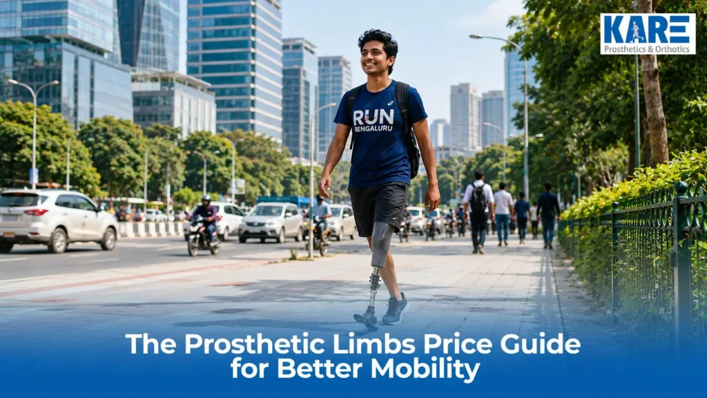 Young prosthetic leg user walking confidently in the city representing the prosthetic limbs price guide for better mobility and rehabilitation.