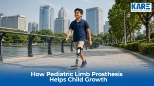 Child walking confidently with a pediatric limb prosthesis in an urban environment, showcasing how pediatric limb prosthesis supports child growth, mobility, balance, independence, and daily activities.