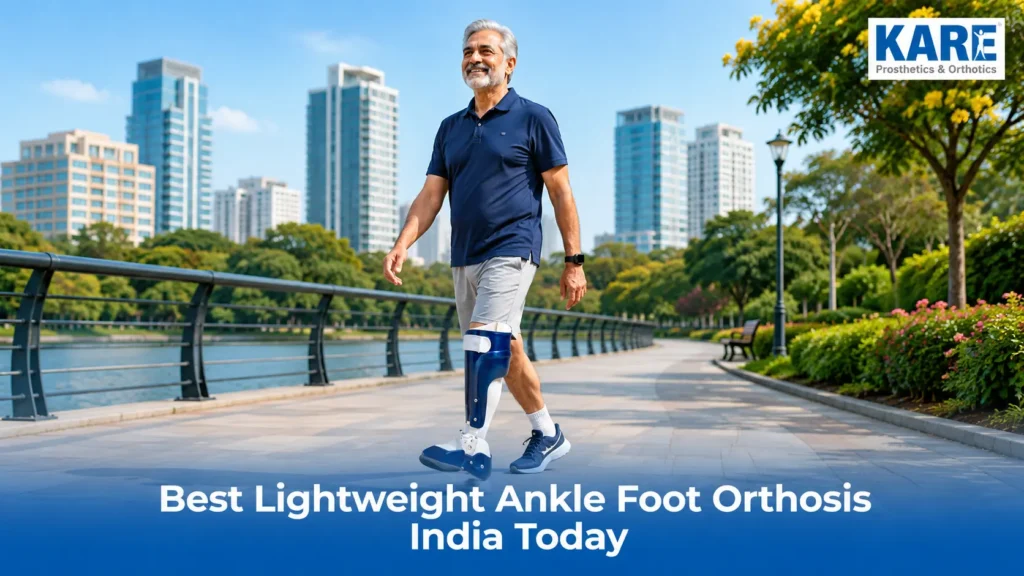 a senior adult confidently walking with a lightweight ankle foot orthosis, highlighting how modern AFO braces improve mobility, stability, and walking efficiency. Designed for conditions such as foot drop, stroke recovery, cerebral palsy, muscular dystrophy, spinal cord injury, and post-surgical weakness, a lightweight ankle foot orthosis helps support proper foot positioning, reduce toe drag, and enhance balance during daily activities. The image represents advanced orthotic solutions available in India that focus on comfort, gait correction, long-term mobility, and improved quality of life.