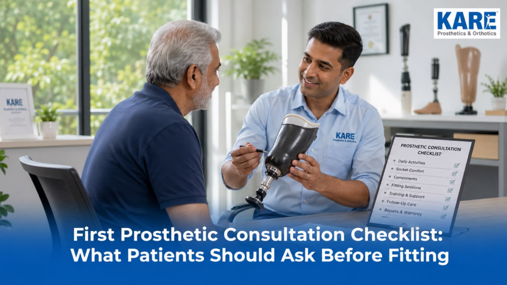 Prosthetist discussing a lower-limb prosthesis with a patient during a first prosthetic consultation at KARE Prosthetics & Orthotics