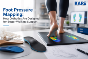 Foot pressure mapping analysis showing a person walking on a pressure sensor mat with custom orthotic insoles and foot support design in a prosthetics clinic.