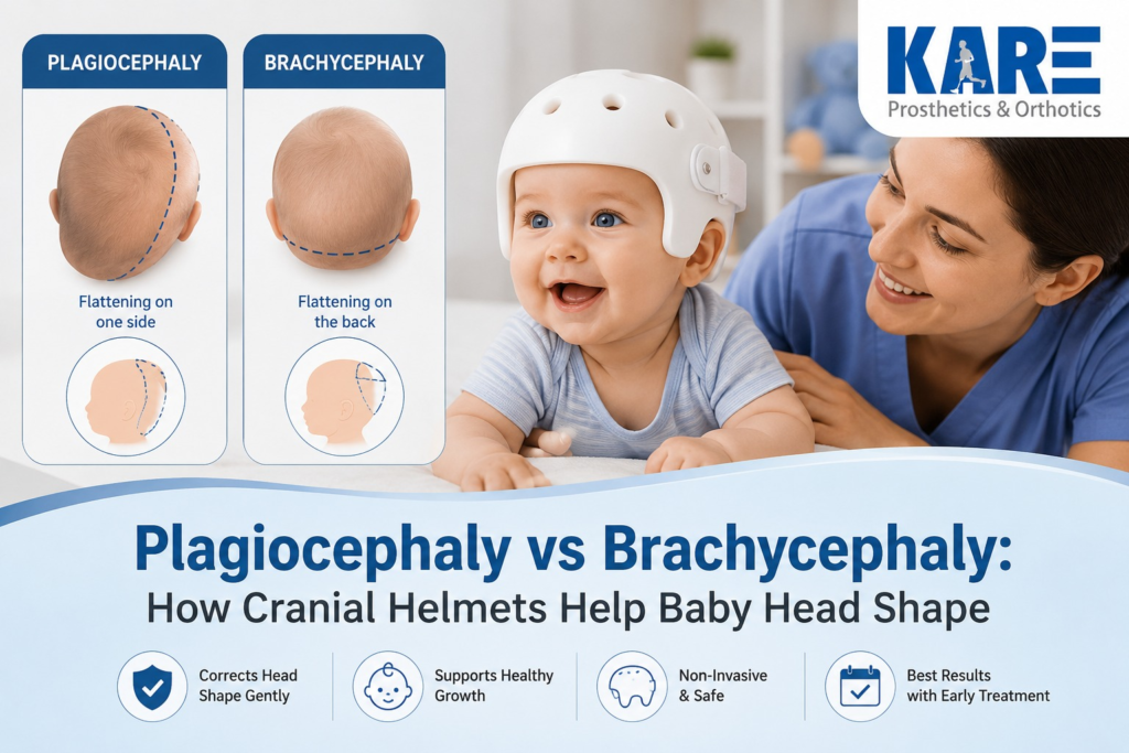 A baby wearing a cranial helmet beside a plagiocephaly and brachycephaly head-shape comparison.