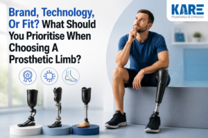 Man with a prosthetic leg comparing prosthetic limb options with KARE branding