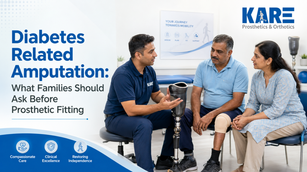 Family discussing prosthetic fitting after diabetes amputation with a prosthetist