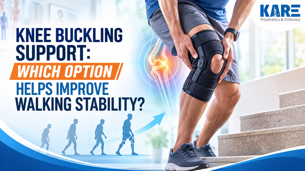 Knee buckling support brace designed to improve walking stability with KARE Prosthetics and Orthotics