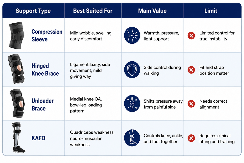Comparison of compression sleeve, hinged knee brace, unloader brace and KAFO for knee buckling support
