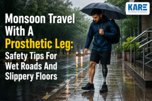 Person with a prosthetic leg walking carefully on a wet monsoon pavement under an umbrella.