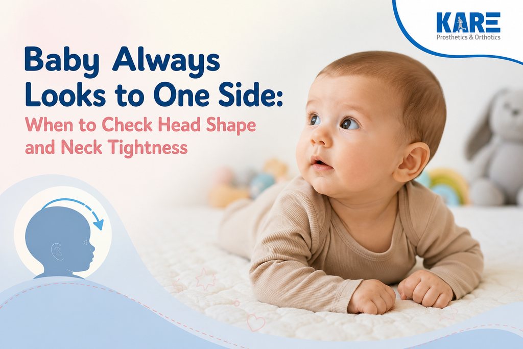 Baby looking to one side during tummy time, illustrating head shape and neck tightness concerns, with KARE Prosthetics & Orthotics branding.