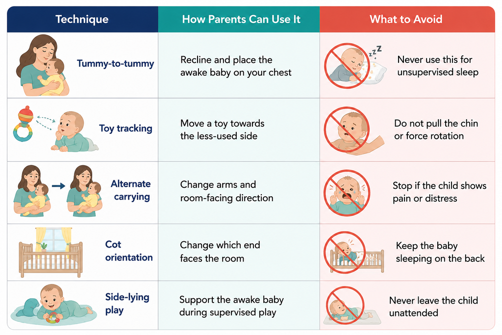 Baby positioning techniques with supervised play tips and safety precautions for parents.