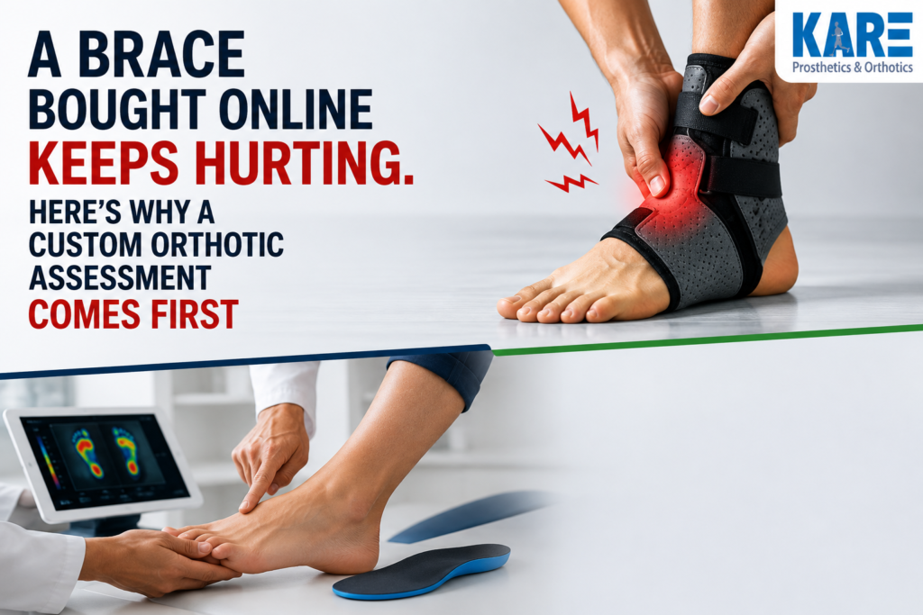 Custom orthotic assessment for ankle brace pain with KARE branding.