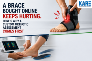 Custom orthotic assessment for ankle brace pain with KARE branding.